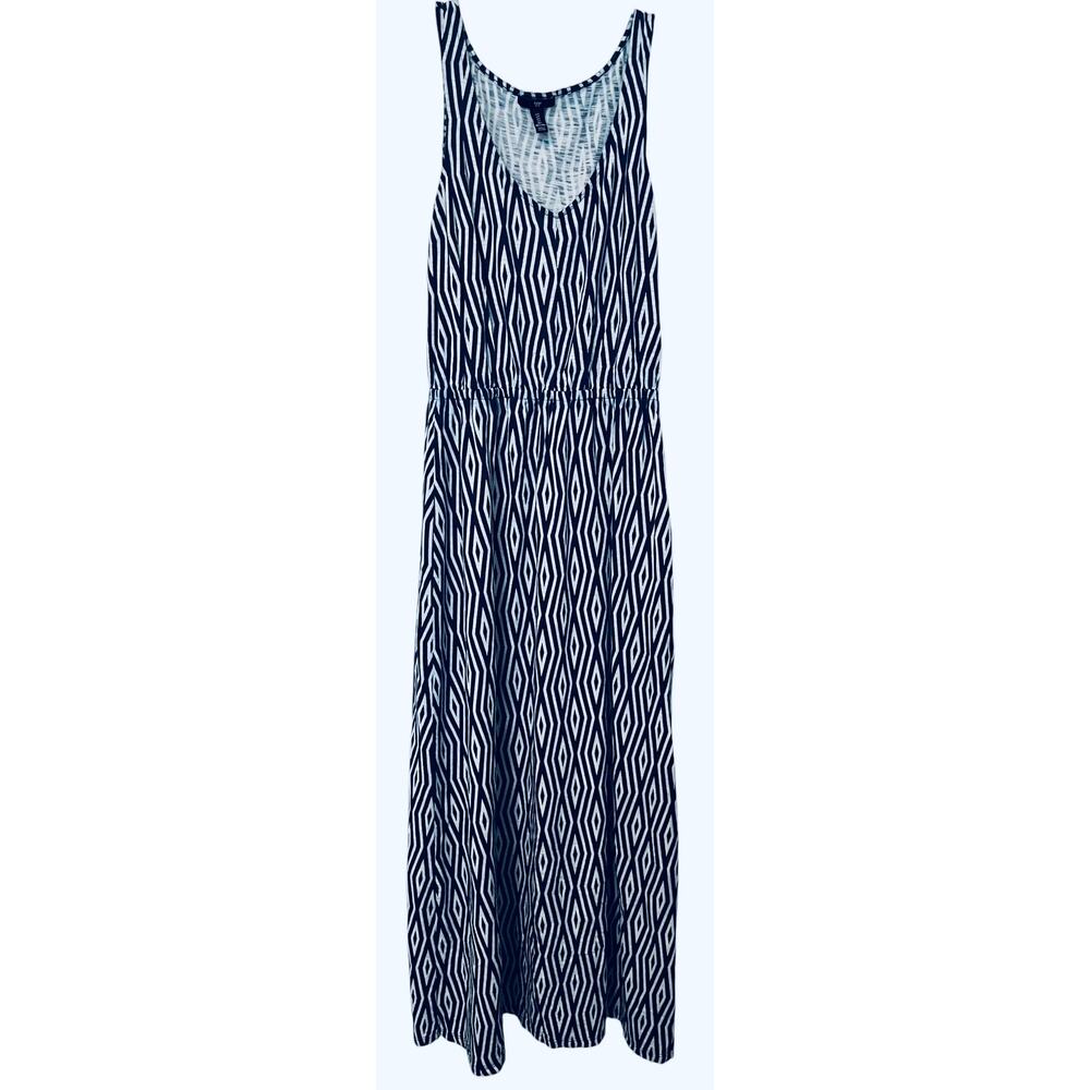 GAP SLEEVELESS MAXI EMPIRE WAIST DRESS, WOMENS-S-NAVY BLUE/WHITE DIAMOND PATTERN